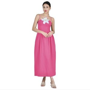 FANM MON Pink Lorr Latrice White Full Bloom Embroidered Detail Linen Midi Dress